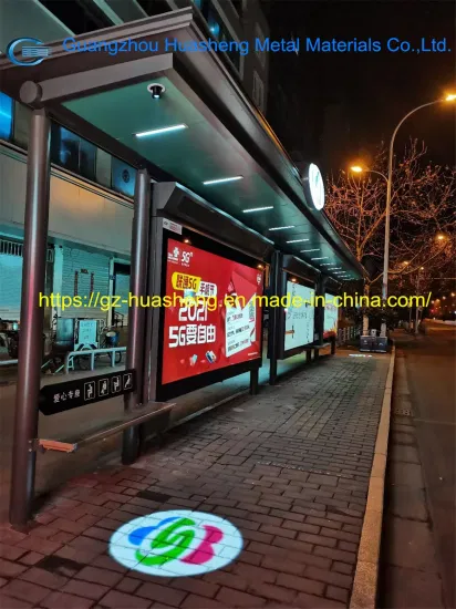 Pensiline per fermate d'autobus in vetro Huasheng Cina Produttori di pensiline per fermate d'autobus in metallo Pensiline per fermate solari Stazione degli autobus Fermata dell'autobus con luce solare Scatole luminose pubblicitarie